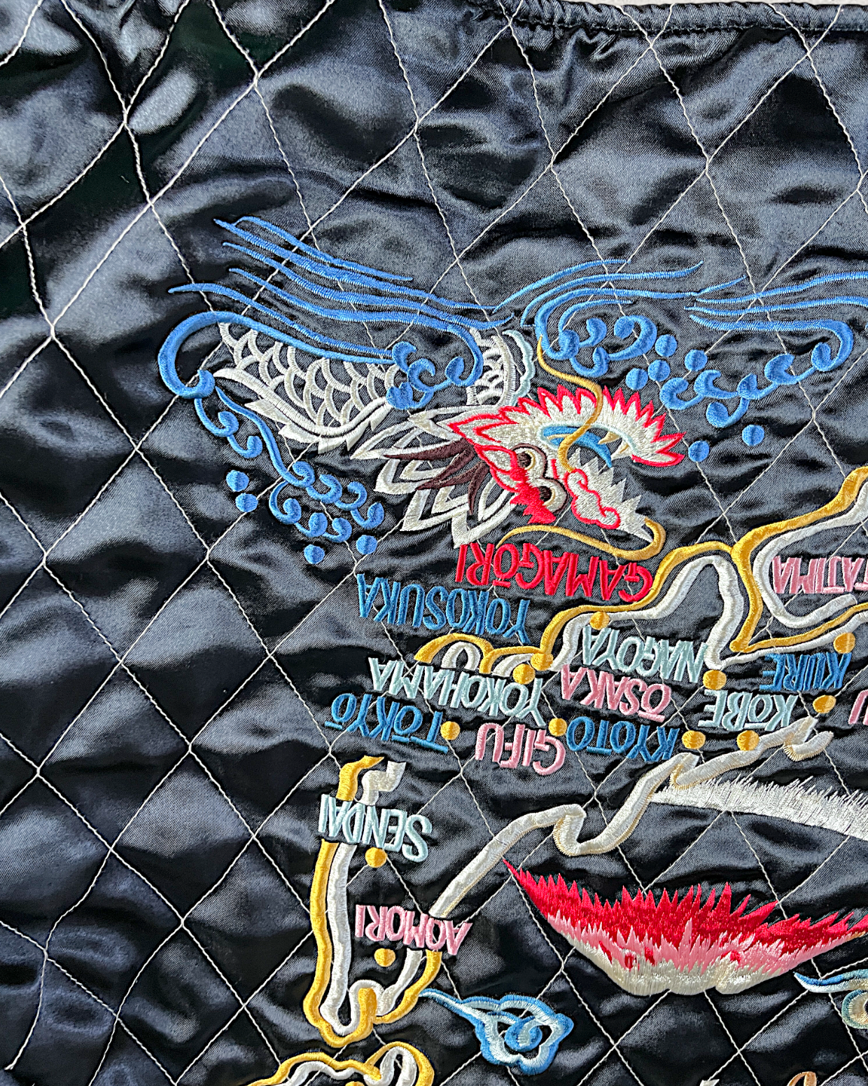 【L】Blue Crane Embroidery / Black Dragon & Japan Map – Japanese Quilted Bomber