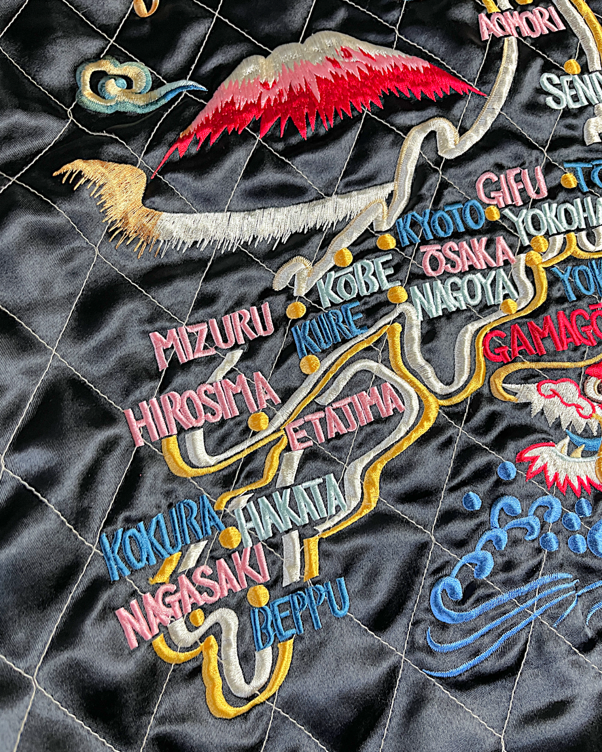 【L】Blue Crane Embroidery / Black Dragon & Japan Map – Japanese Quilted Bomber