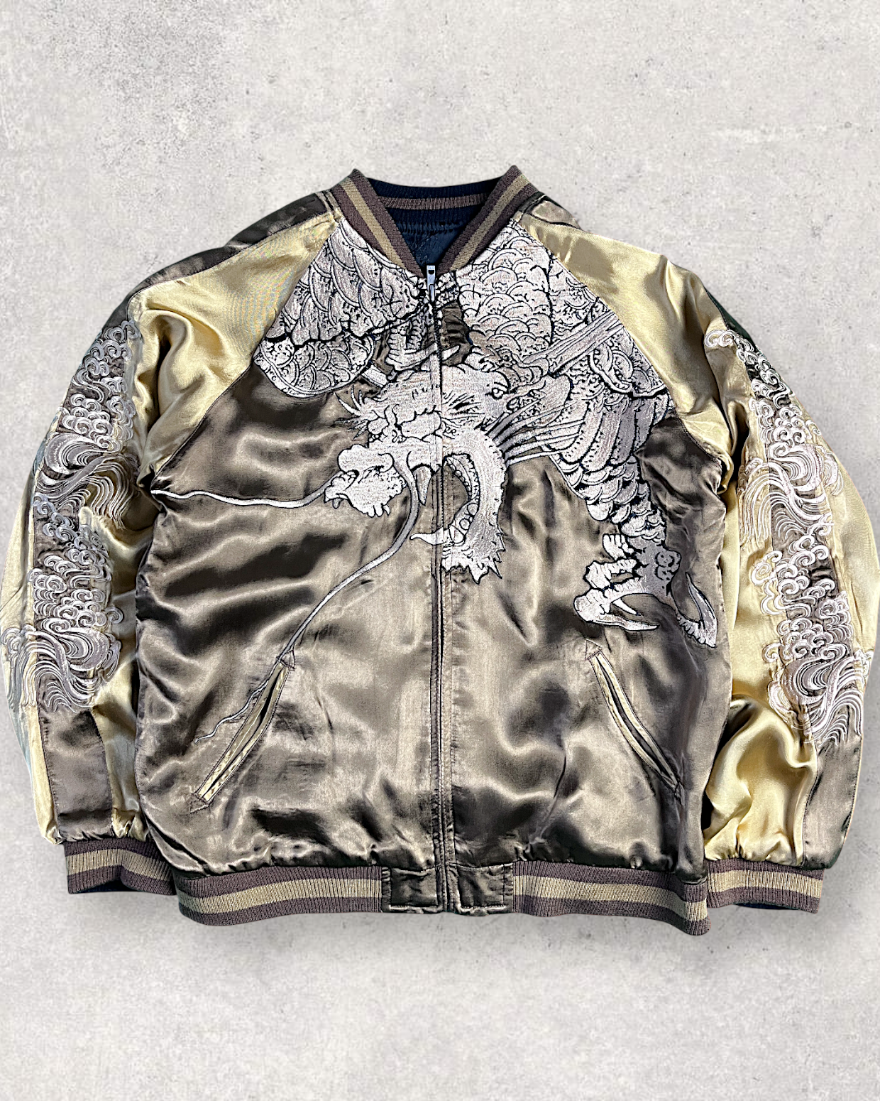 【L】Gold & Silver Gradient Dragon / Indigo Cloud Dragon – Japanese Embroidered Bomber