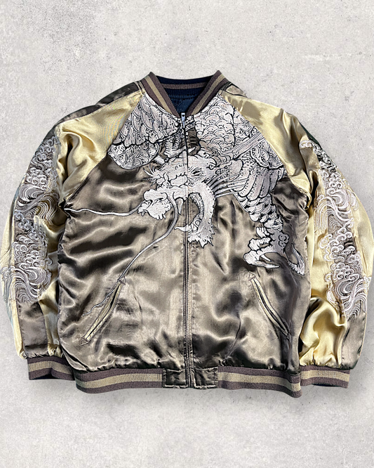 【L】Gold & Silver Gradient Dragon / Indigo Cloud Dragon – Japanese Embroidered Bomber