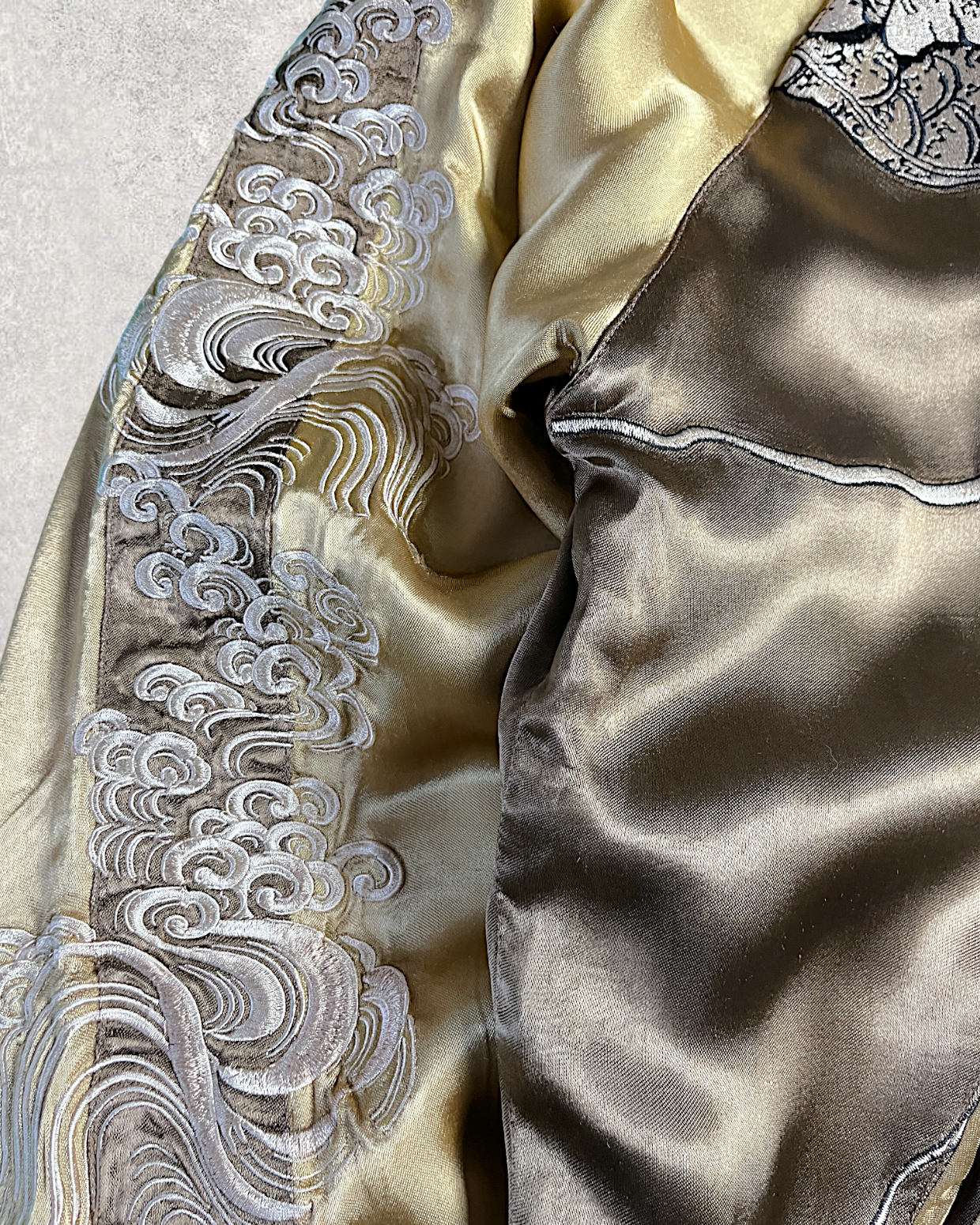 【L】Gold & Silver Gradient Dragon / Indigo Cloud Dragon – Japanese Embroidered Bomber