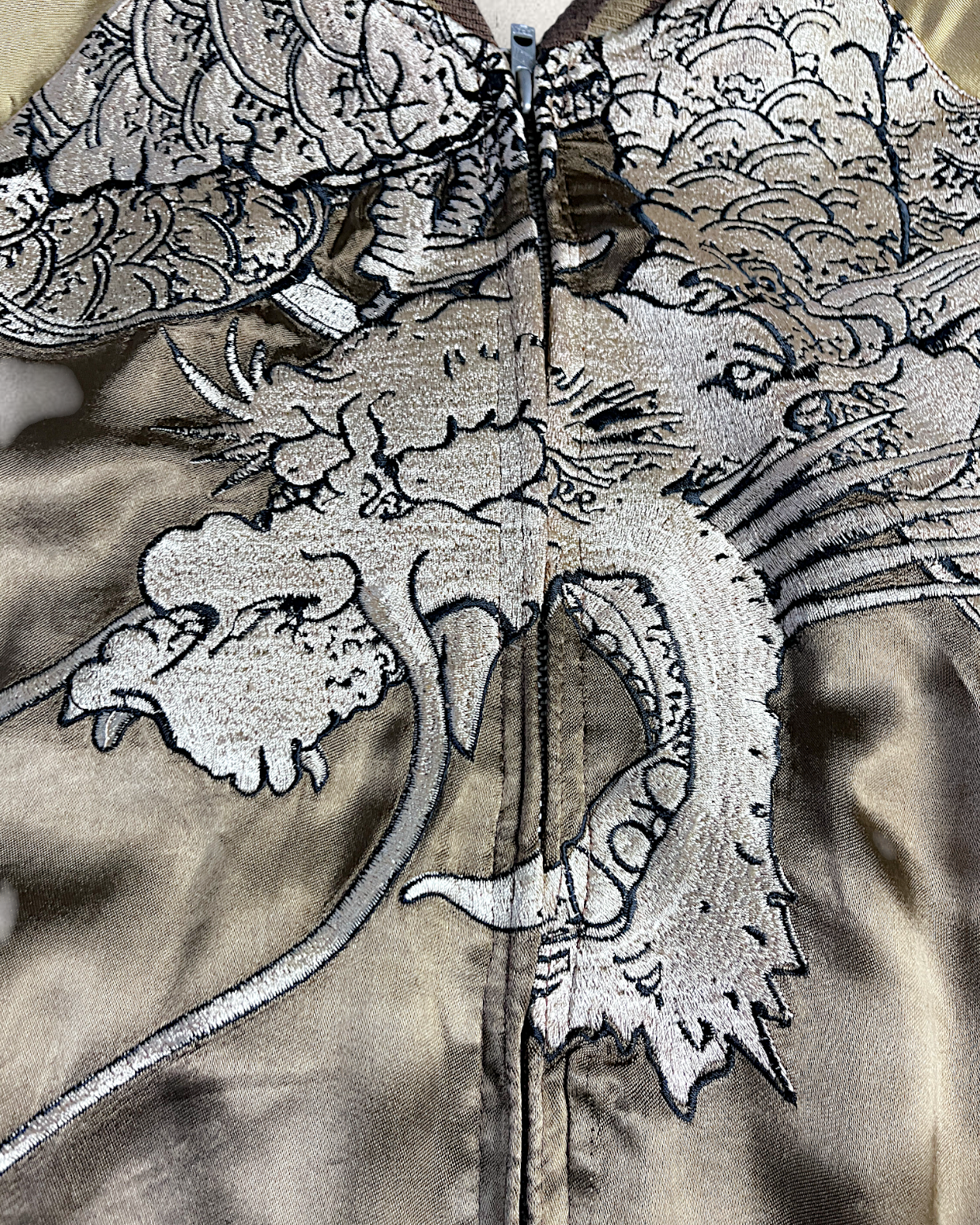【L】Gold & Silver Gradient Dragon / Indigo Cloud Dragon – Japanese Embroidered Bomber