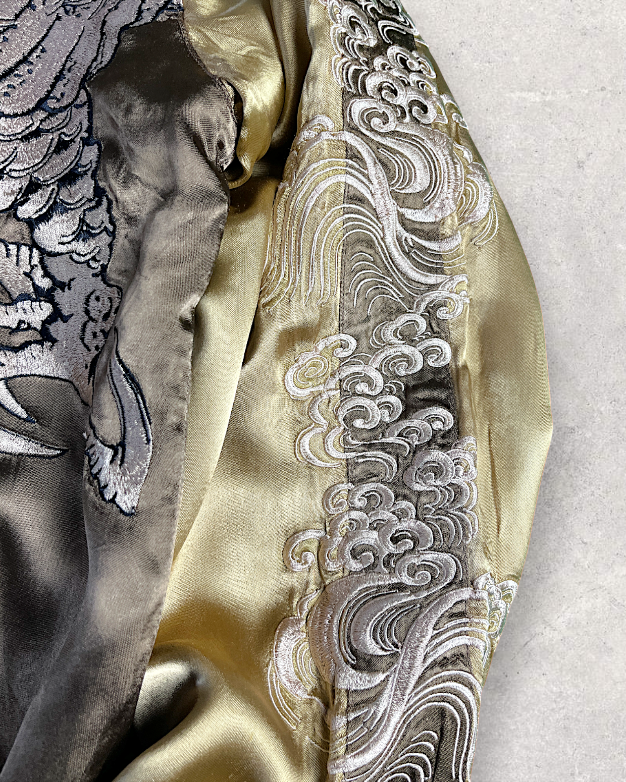 【L】Gold & Silver Gradient Dragon / Indigo Cloud Dragon – Japanese Embroidered Bomber