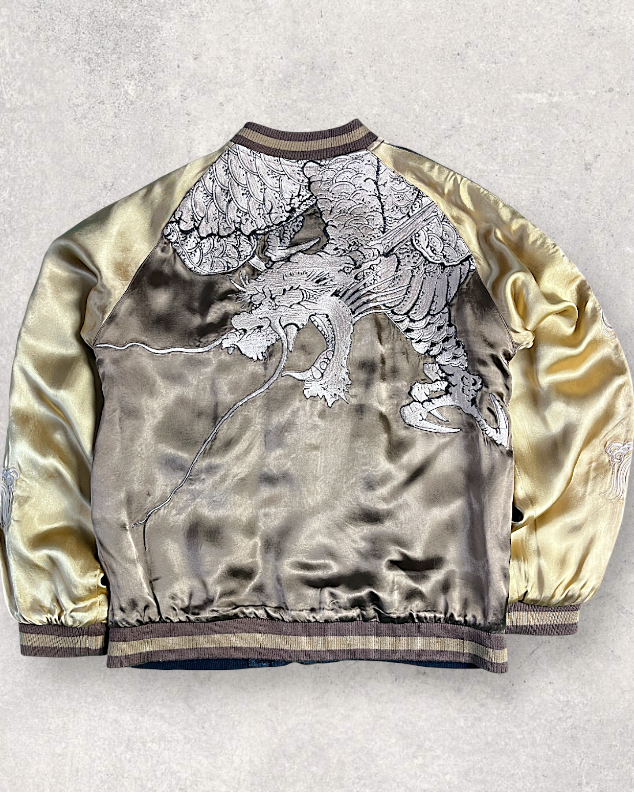 【L】Gold & Silver Gradient Dragon / Indigo Cloud Dragon – Japanese Embroidered Bomber