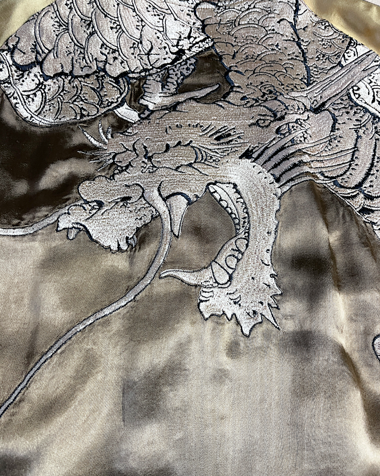 【L】Gold & Silver Gradient Dragon / Indigo Cloud Dragon – Japanese Embroidered Bomber