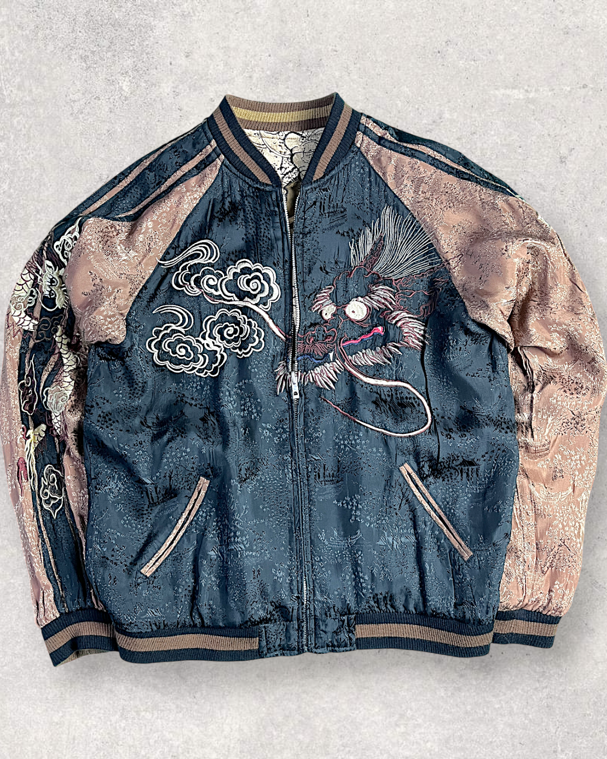【L】Gold & Silver Gradient Dragon / Indigo Cloud Dragon – Japanese Embroidered Bomber