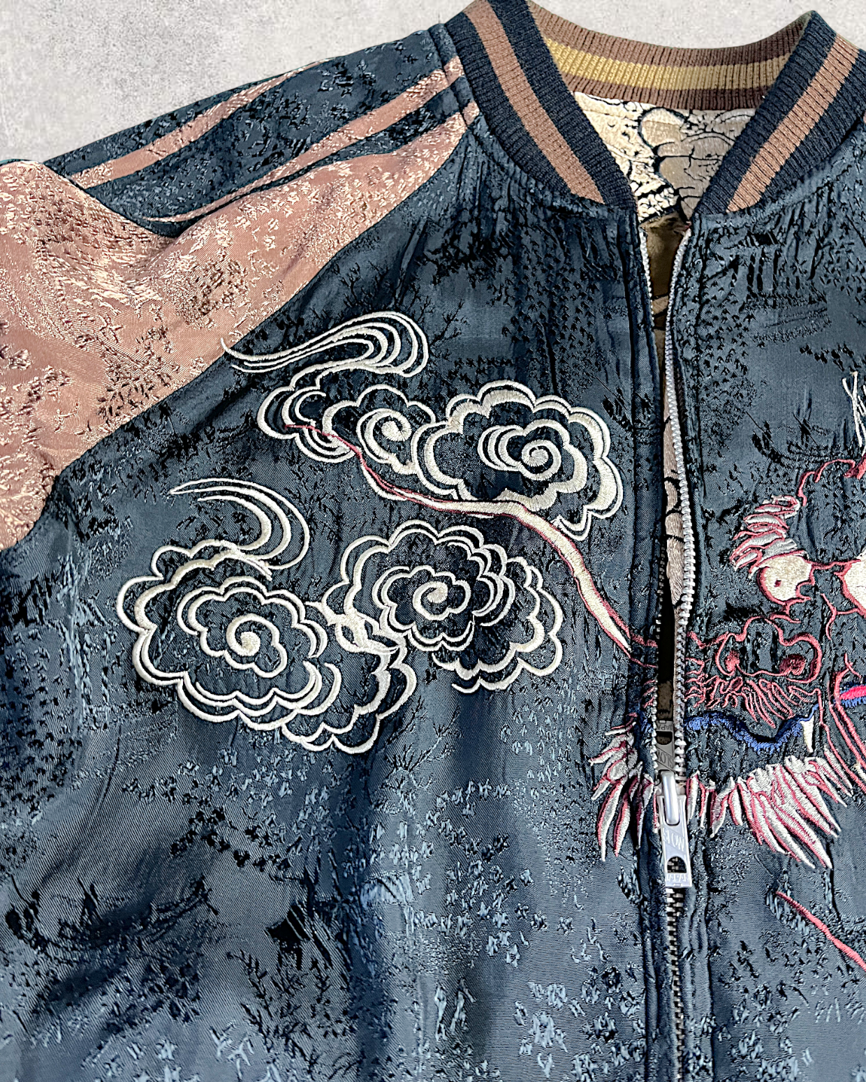 【L】Gold & Silver Gradient Dragon / Indigo Cloud Dragon – Japanese Embroidered Bomber