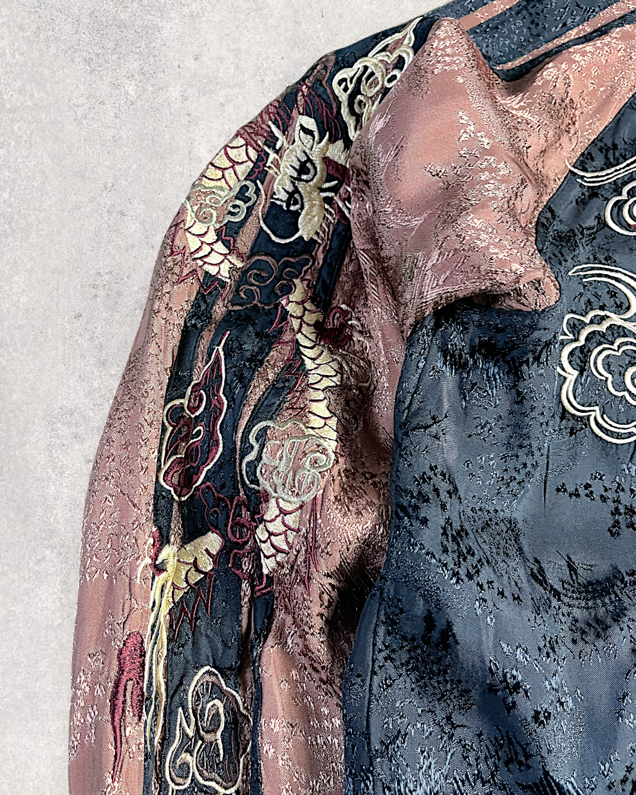 【L】Gold & Silver Gradient Dragon / Indigo Cloud Dragon – Japanese Embroidered Bomber