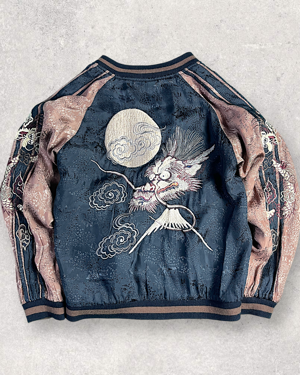 【L】Gold & Silver Gradient Dragon / Indigo Cloud Dragon – Japanese Embroidered Bomber