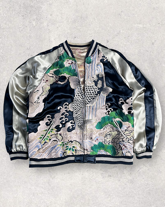 【XL】Koi Waterfall & Pine Embroidery / Japanese Brocade Pattern – XL Japanese Bomber