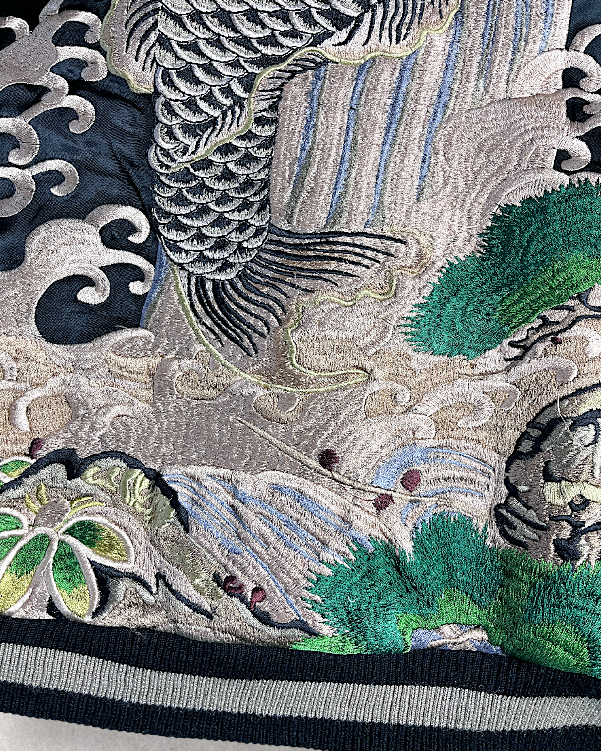 【XL】Koi Waterfall & Pine Embroidery / Japanese Brocade Pattern – XL Japanese Bomber