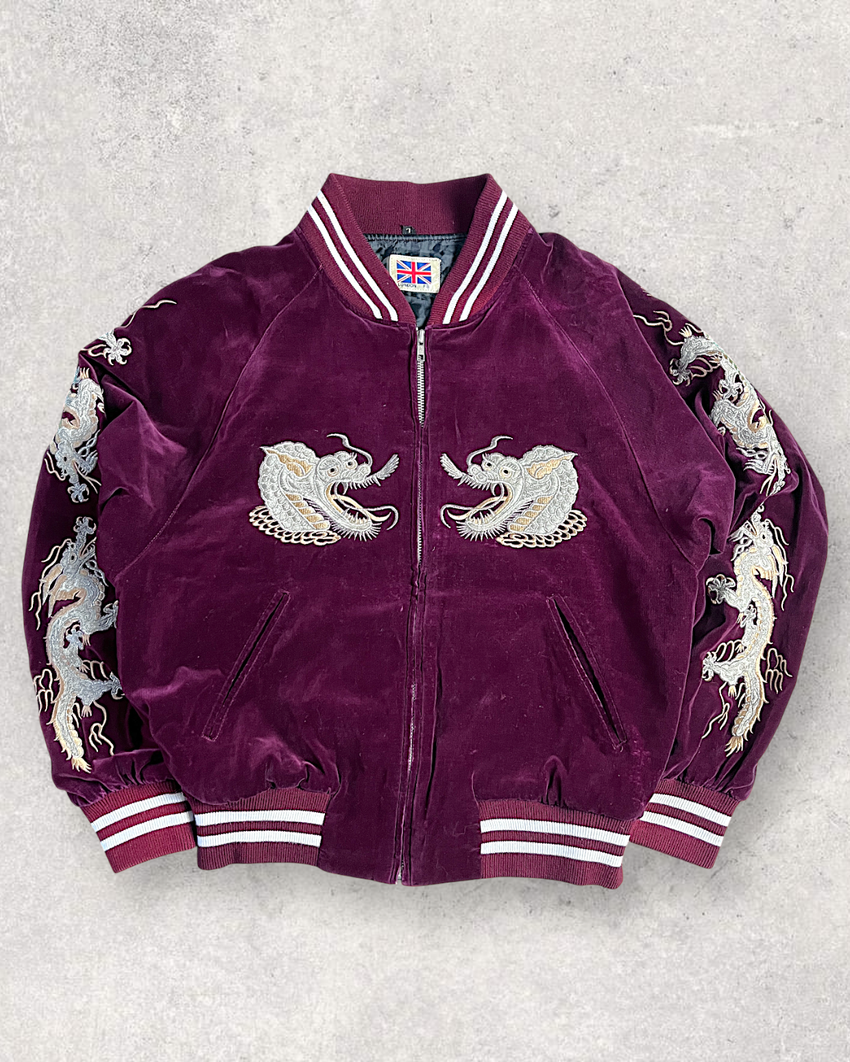 【L】Velour Dragon Sukajan Jacket – Wine Red Embroidered Yokosuka Japanese Bomber
