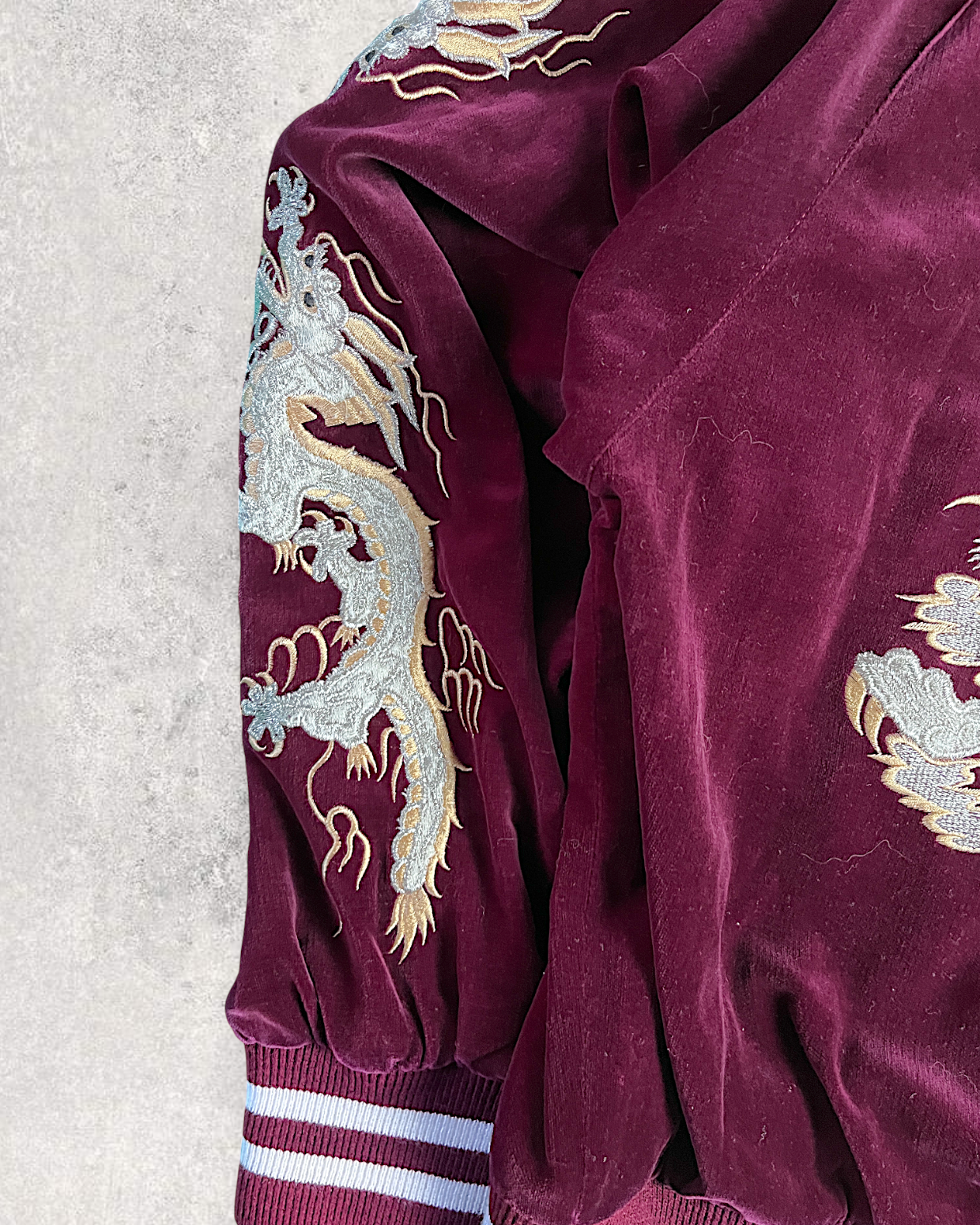 【L】Velour Dragon Sukajan Jacket – Wine Red Embroidered Yokosuka Japanese Bomber
