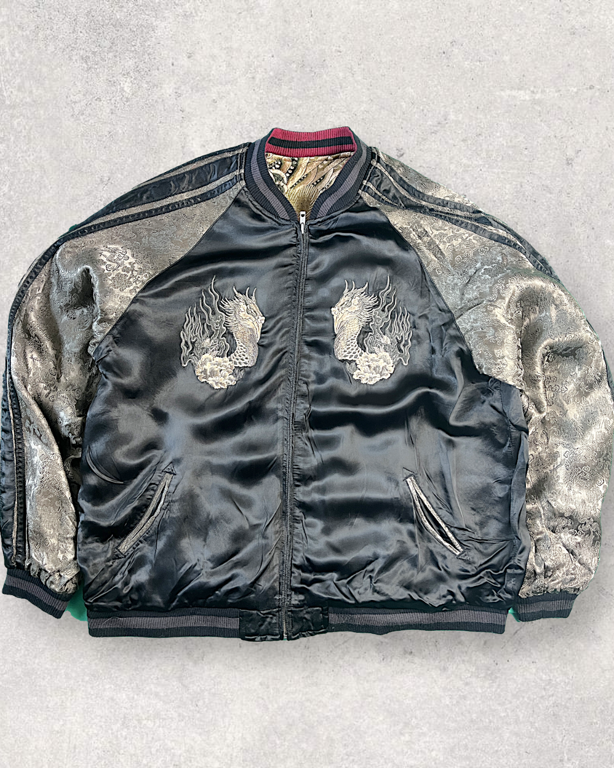 【XXL】Vintage Reversible Sukajan Jacket – Phoenix & Peacock-Inspired Embroidery Souvenir Jacket