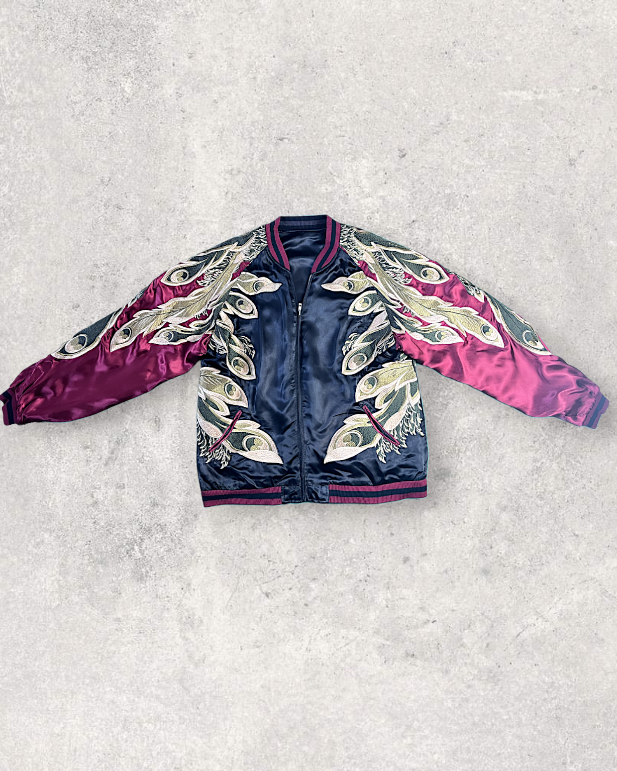 【XXL】Vintage Reversible Sukajan Jacket – Phoenix & Peacock-Inspired Embroidery Souvenir Jacket