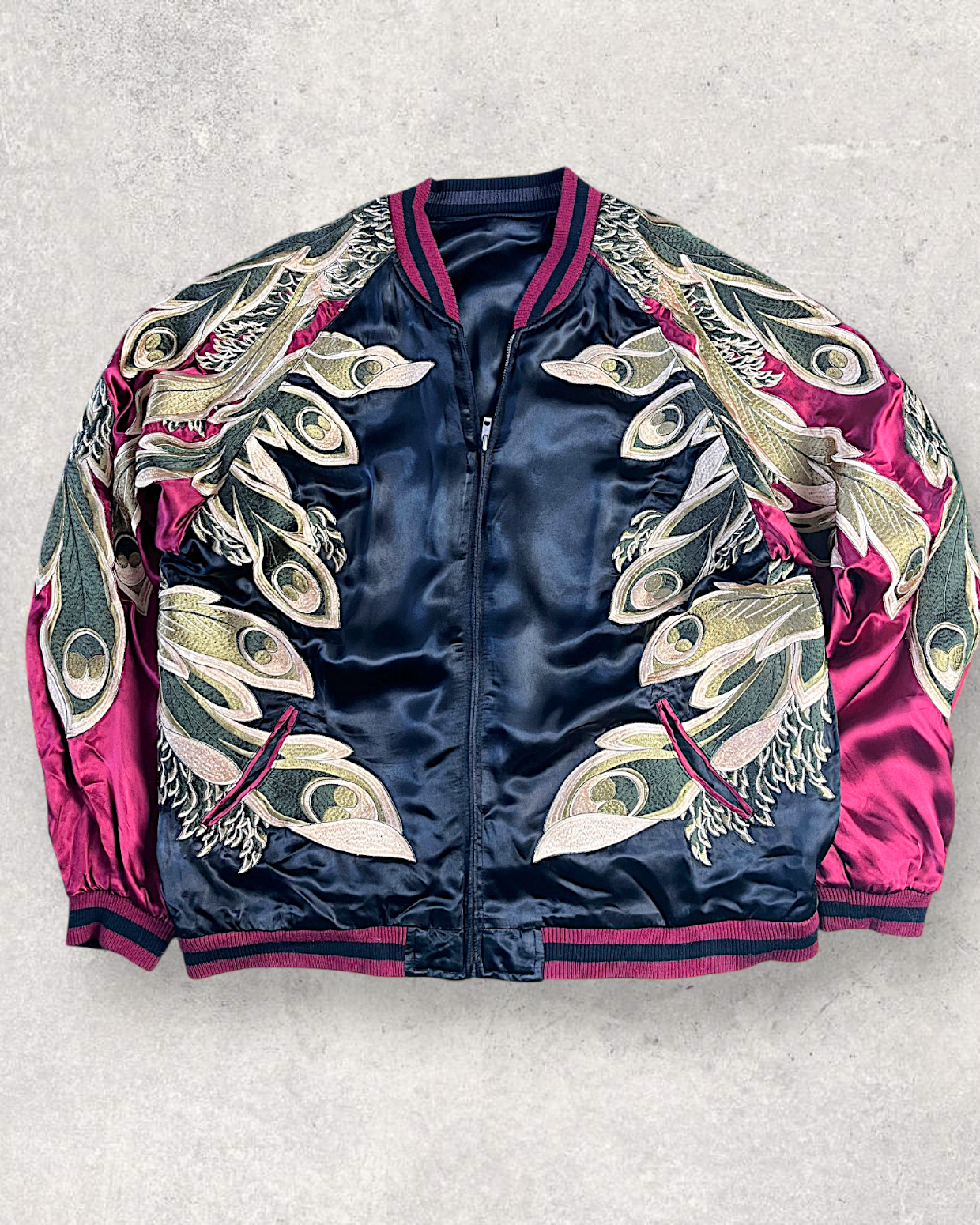 【XXL】Vintage Reversible Sukajan Jacket – Phoenix & Peacock-Inspired Embroidery Souvenir Jacket