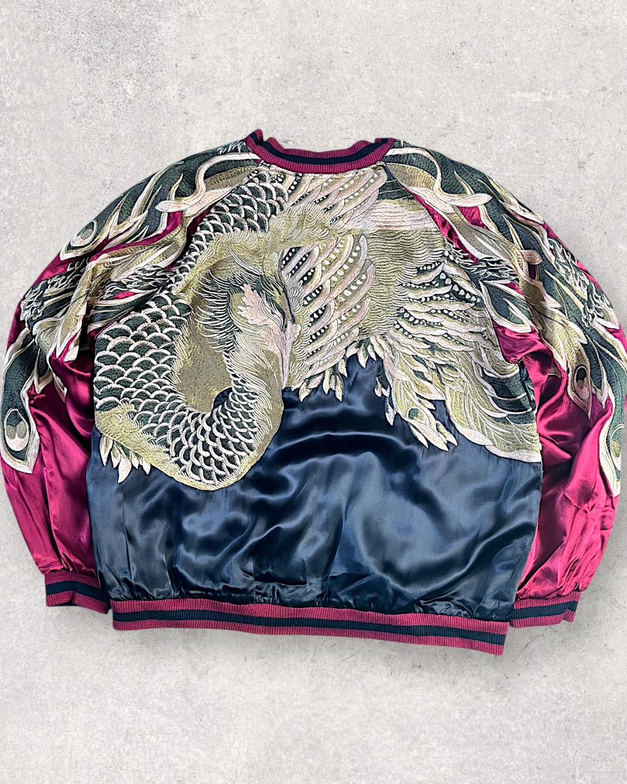 【XXL】Vintage Reversible Sukajan Jacket – Phoenix & Peacock-Inspired Embroidery Souvenir Jacket