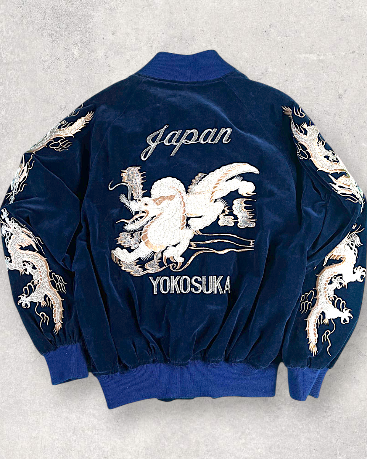 【M or S】Japan Yokosuka Velvet Sukajan Jacket – Dragon Embroidery Souvenir Jacket Navy