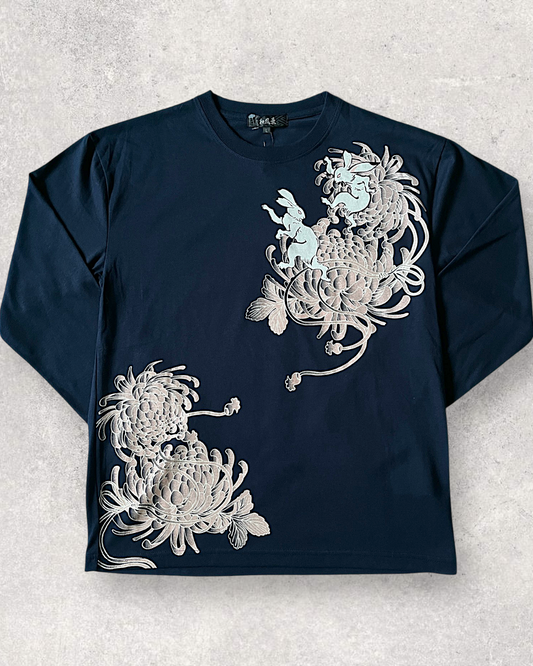 [L] Navy Blue Japanese Long Sleeve T-Shirt | Dragon, Rabbit & Chrysanthemum Design | Indigo Navy