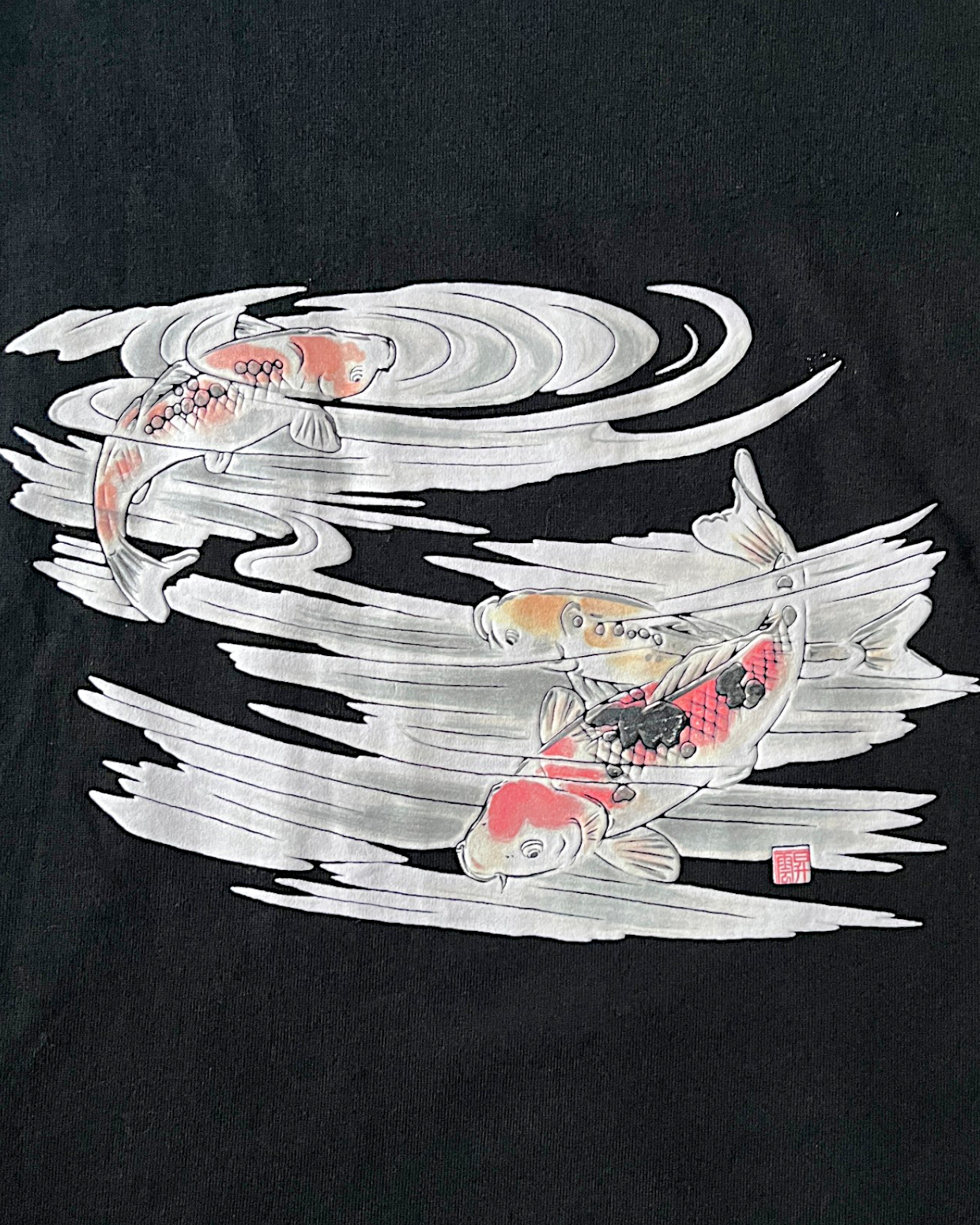 [L]Japanese Graphic T-Shirt | Koi & Kingfisher Design | Raised Rubber Print | Black