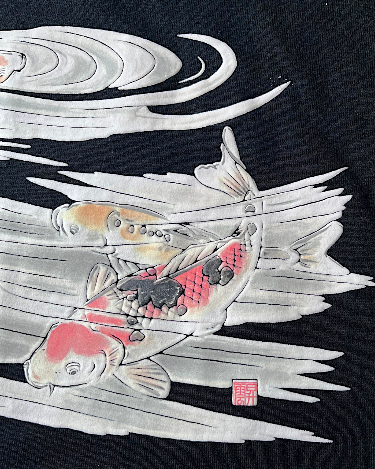 [L]Japanese Graphic T-Shirt | Koi & Kingfisher Design | Raised Rubber Print | Black