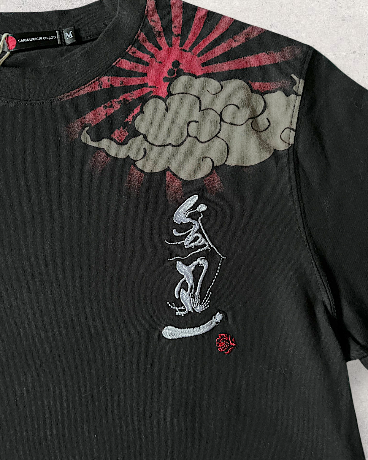 [M/L]BranNews Japanese Long Sleeve T-Shirt | Wagasa, Clouds & Rising Sun Design | Black