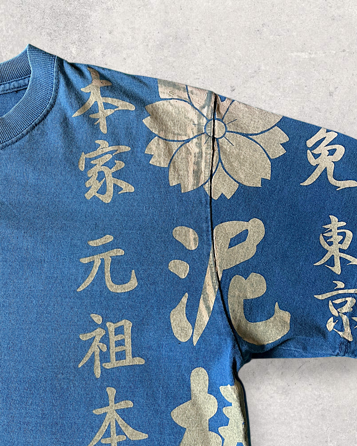[M]Vintage Japanese Graphic T-Shirt | Sakura & Kanji Print | Indigo Blue | One-of-a-Kind Streetwear