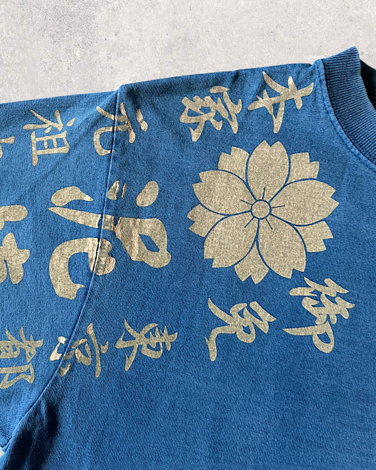 [M]Vintage Japanese Graphic T-Shirt | Sakura & Kanji Print | Indigo Blue | One-of-a-Kind Streetwear