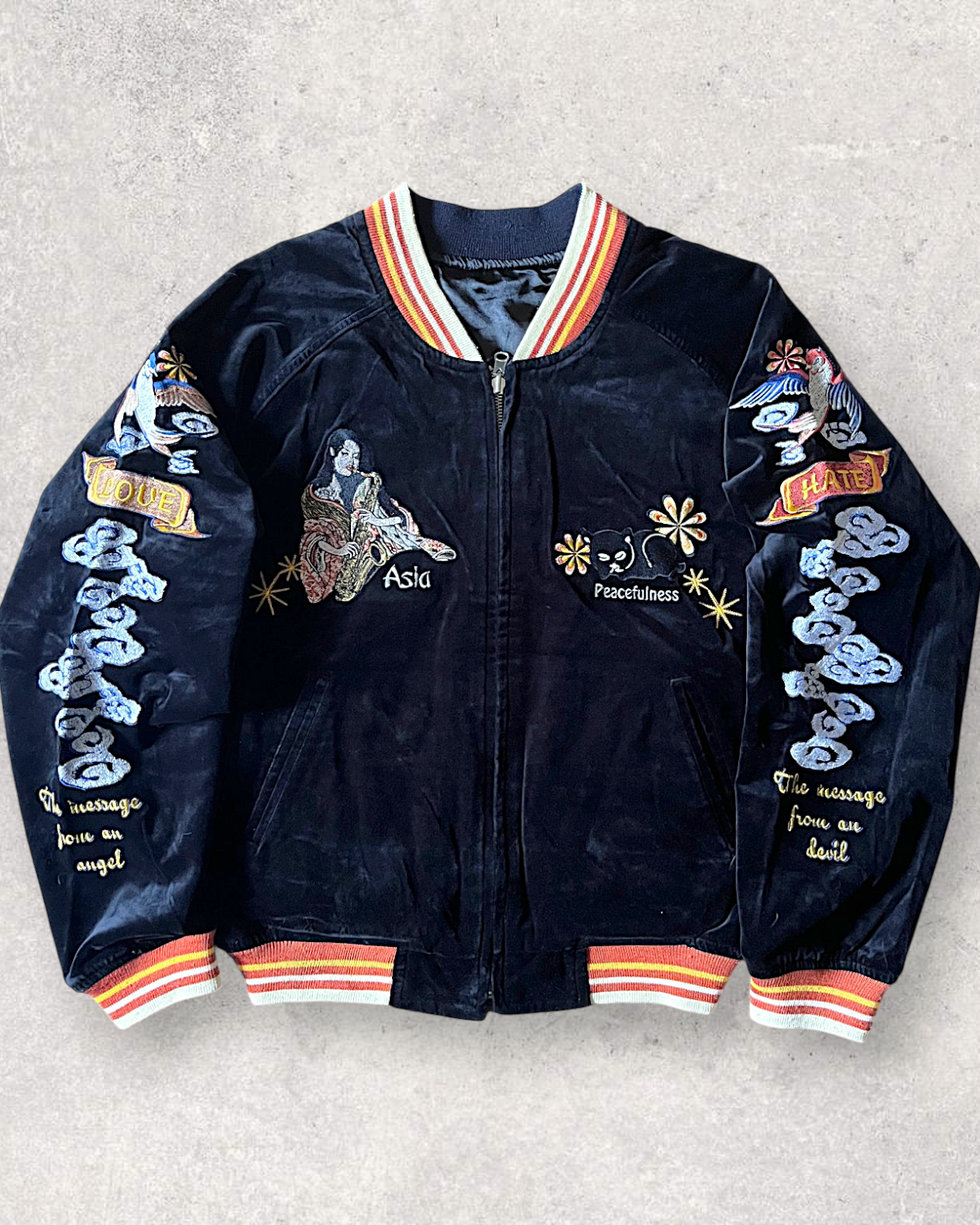 [40] Vintage Reversible Sukajan “Graceful Japanese Angel” – Geisha Embroidery × Black Satin
