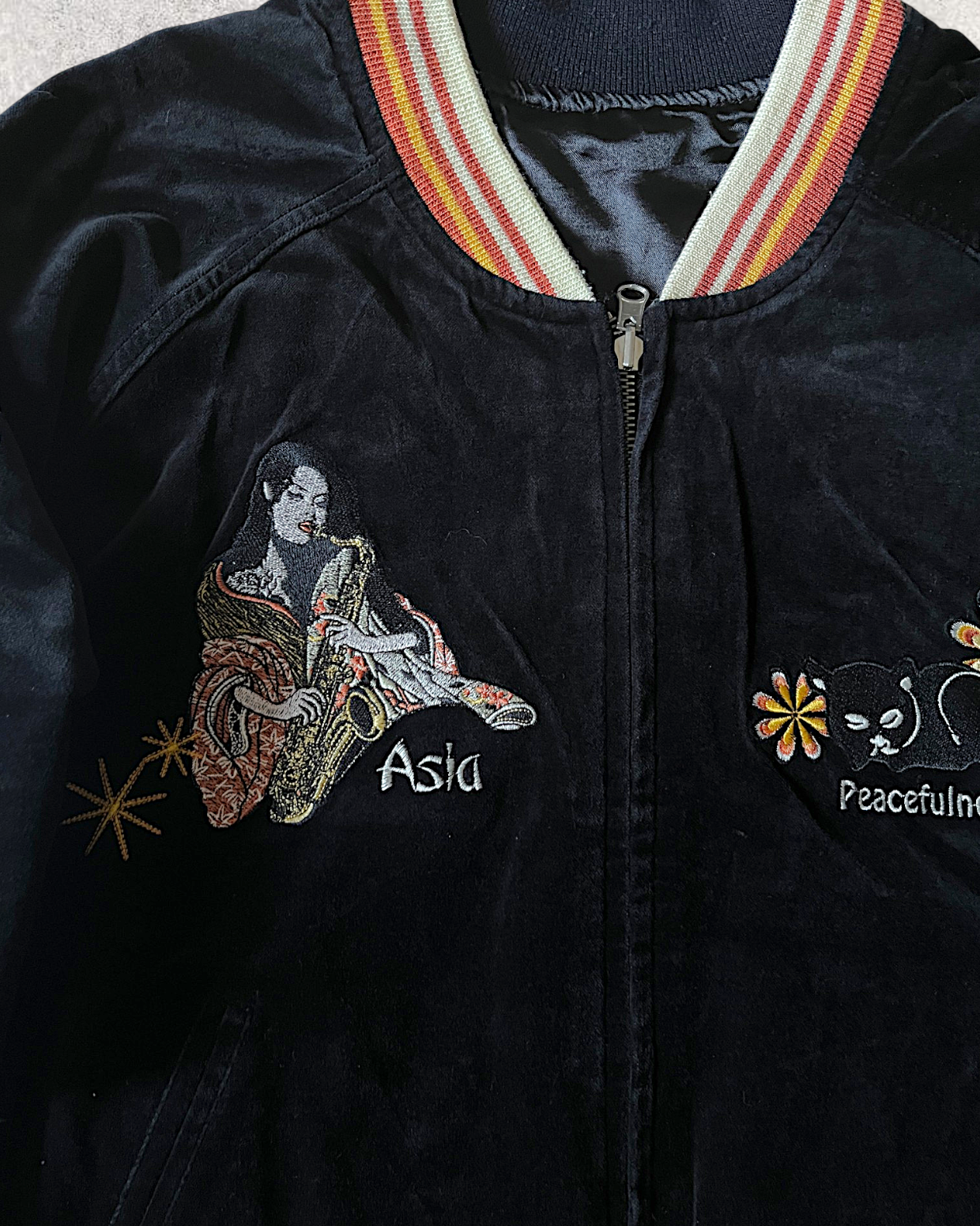 [40] Vintage Reversible Sukajan “Graceful Japanese Angel” – Geisha Embroidery × Black Satin