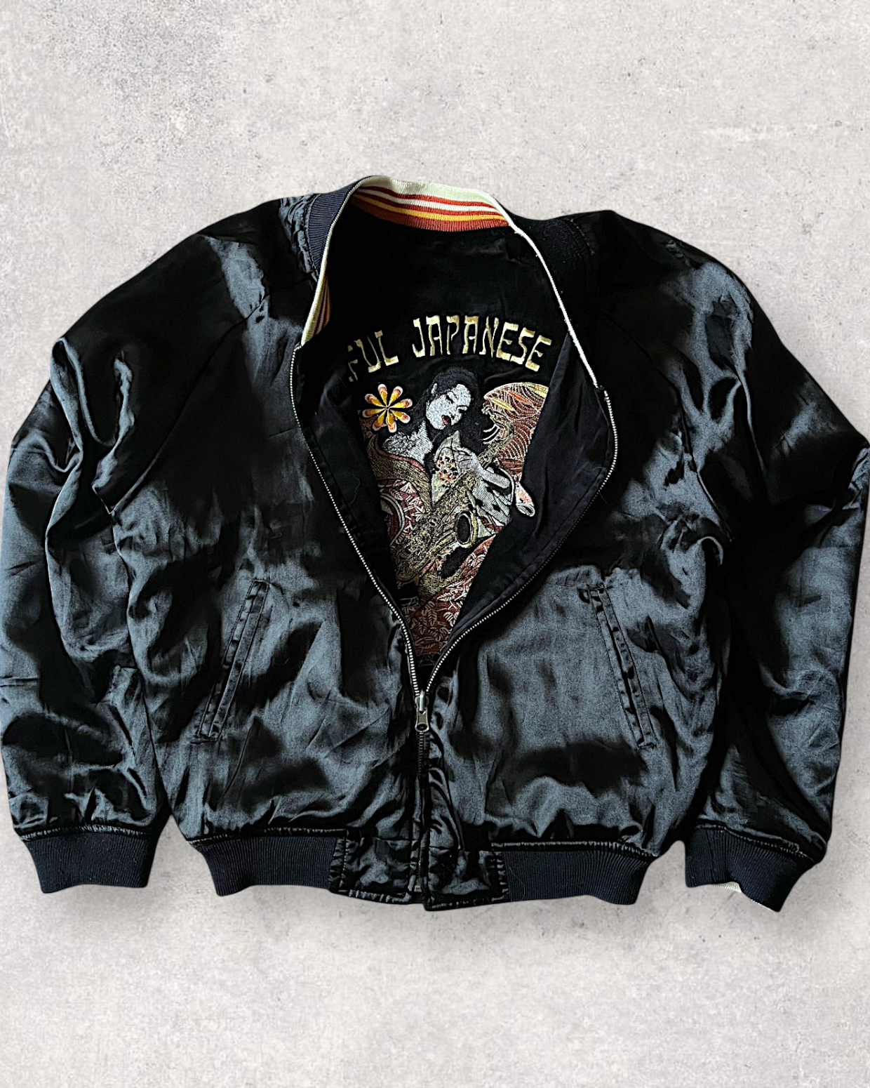 [40] Vintage Reversible Sukajan “Graceful Japanese Angel” – Geisha Embroidery × Black Satin