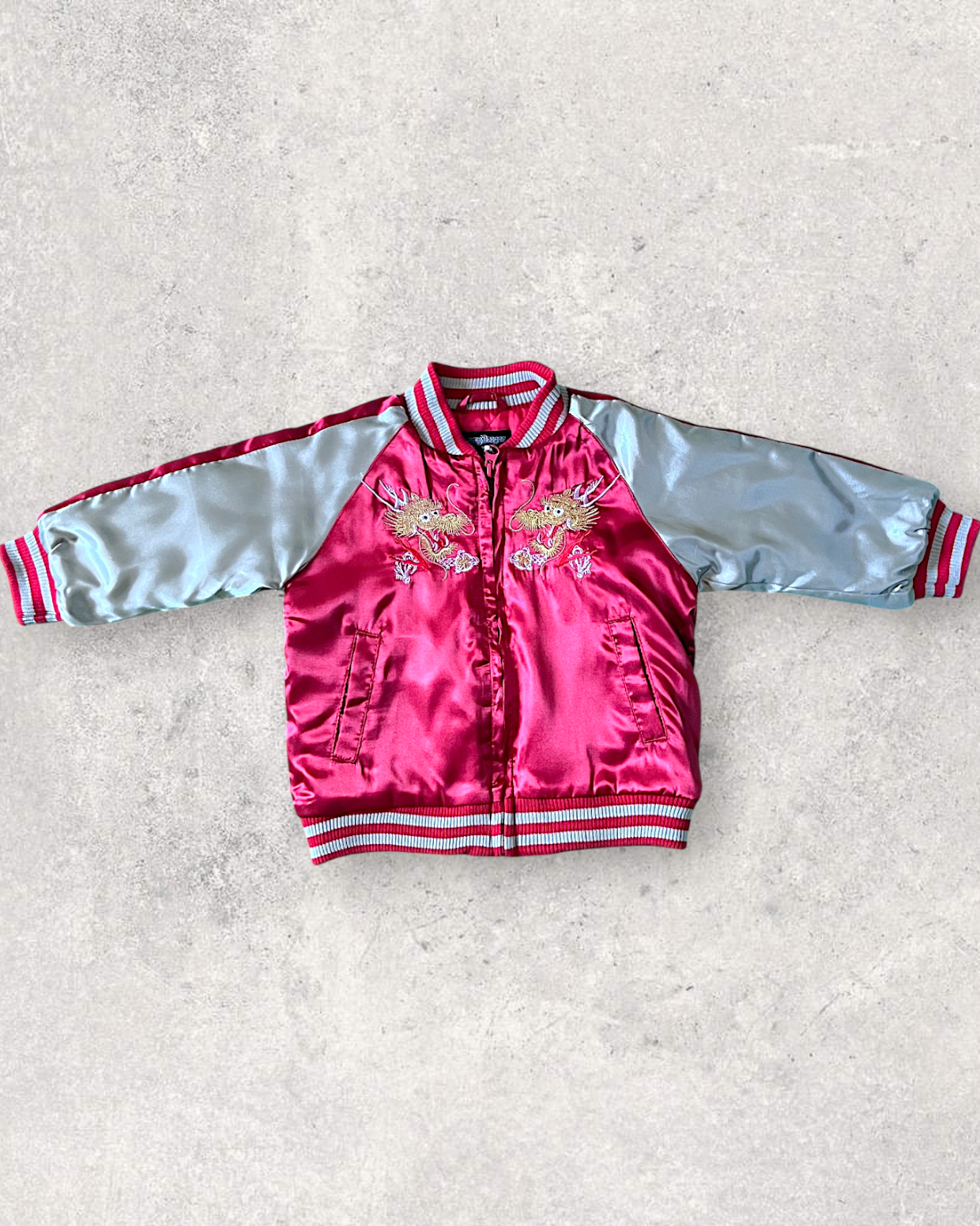 【KIDS】NEW Kids Sukajan Jacket “Jimmy Dragon” – Shiny Red Satin Dragon Jacket Size 90