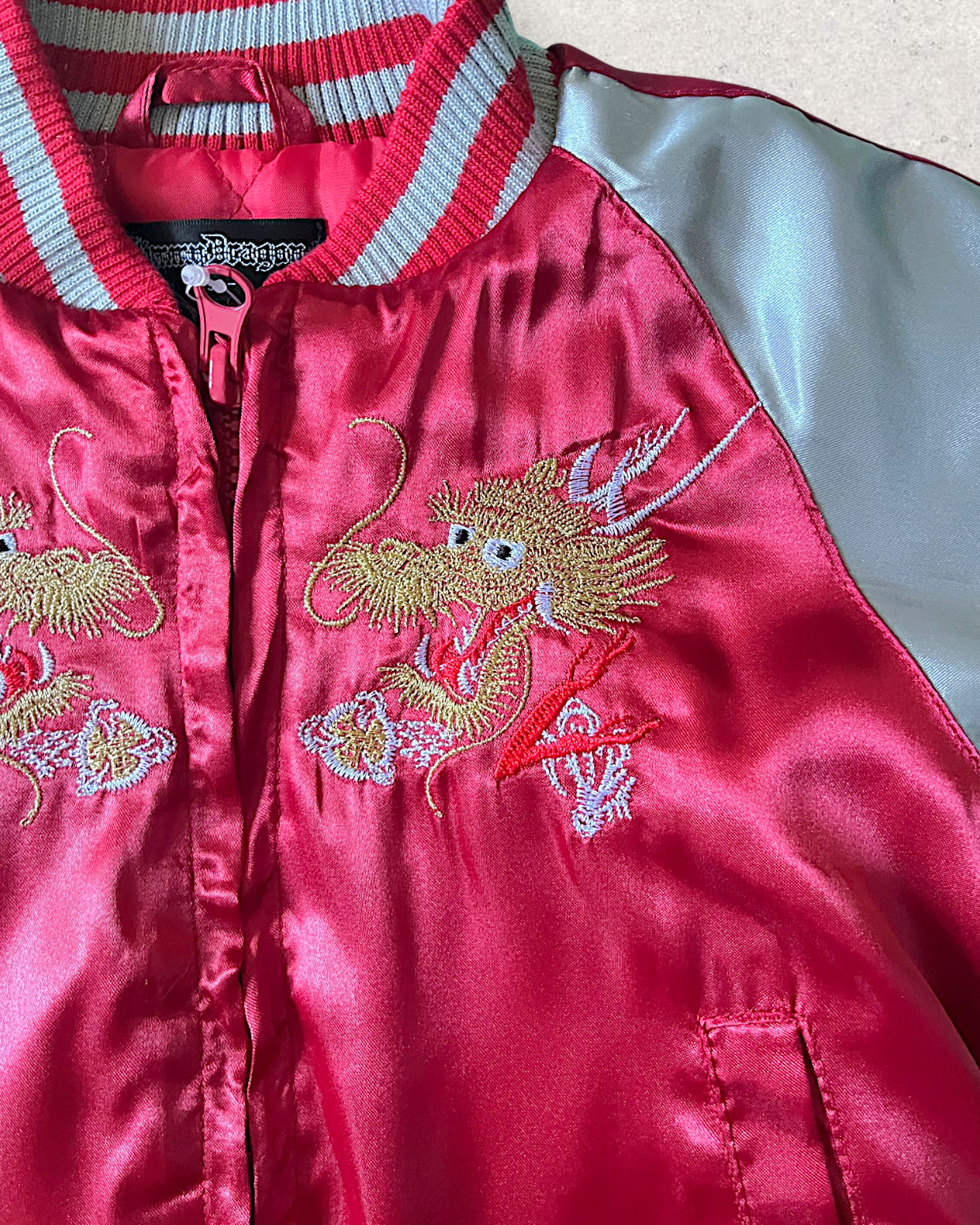 【KIDS】NEW Kids Sukajan Jacket “Jimmy Dragon” – Shiny Red Satin Dragon Jacket Size 90