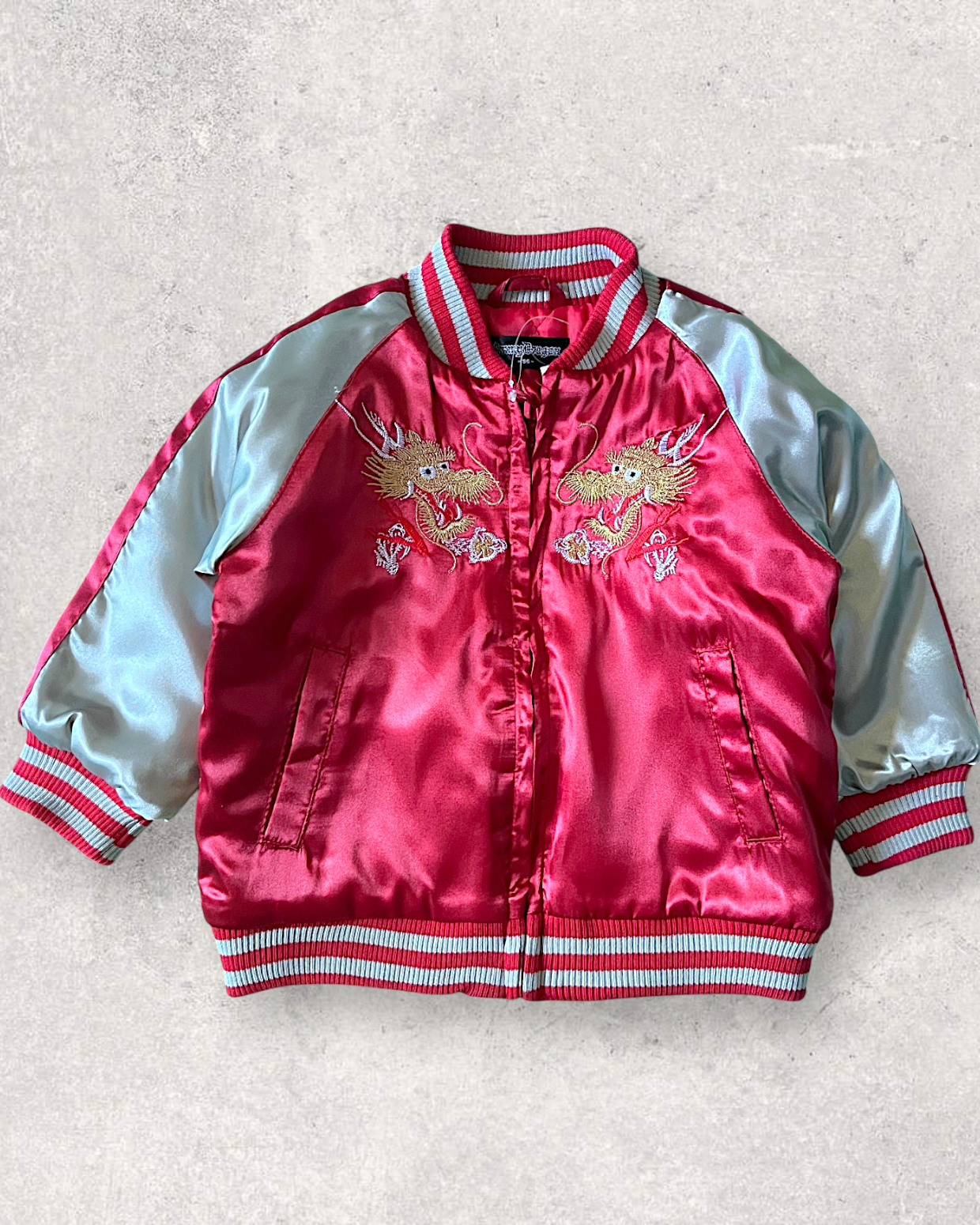 【KIDS】NEW Kids Sukajan Jacket “Jimmy Dragon” – Shiny Red Satin Dragon Jacket Size 90