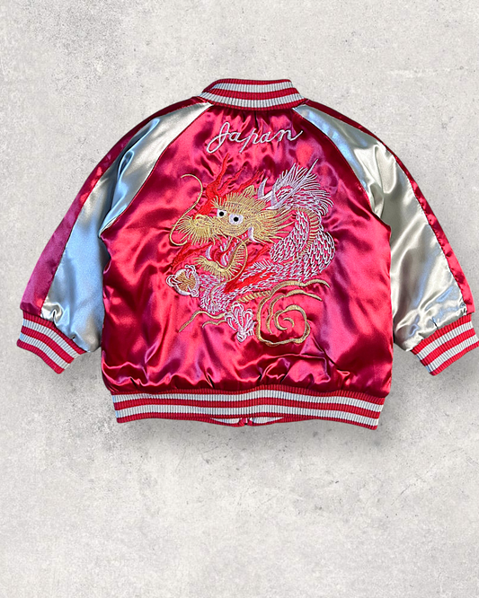 【KIDS】NEW Kids Sukajan Jacket “Jimmy Dragon” – Shiny Red Satin Dragon Jacket Size 90
