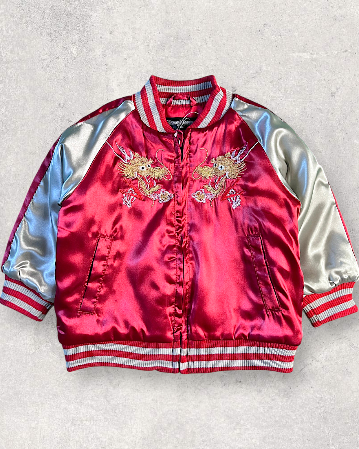 【KIDS】NEW Kids Sukajan Jacket “Jimmy Dragon” – Shiny Red Satin Dragon Jacket Size 90