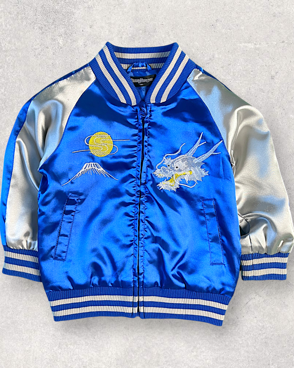 【KIDS】Japanese Dragon Sukajan for Kids – Royal Blue Satin Jacket Size 100
