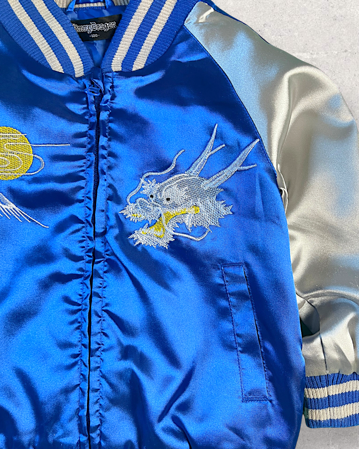 【KIDS】Japanese Dragon Sukajan for Kids – Royal Blue Satin Jacket Size 100