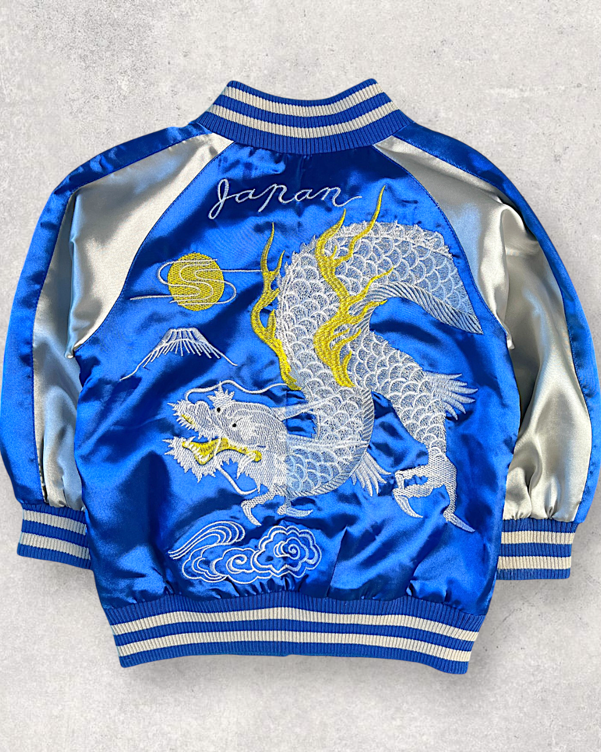 【KIDS】Japanese Dragon Sukajan for Kids – Royal Blue Satin Jacket Size 100