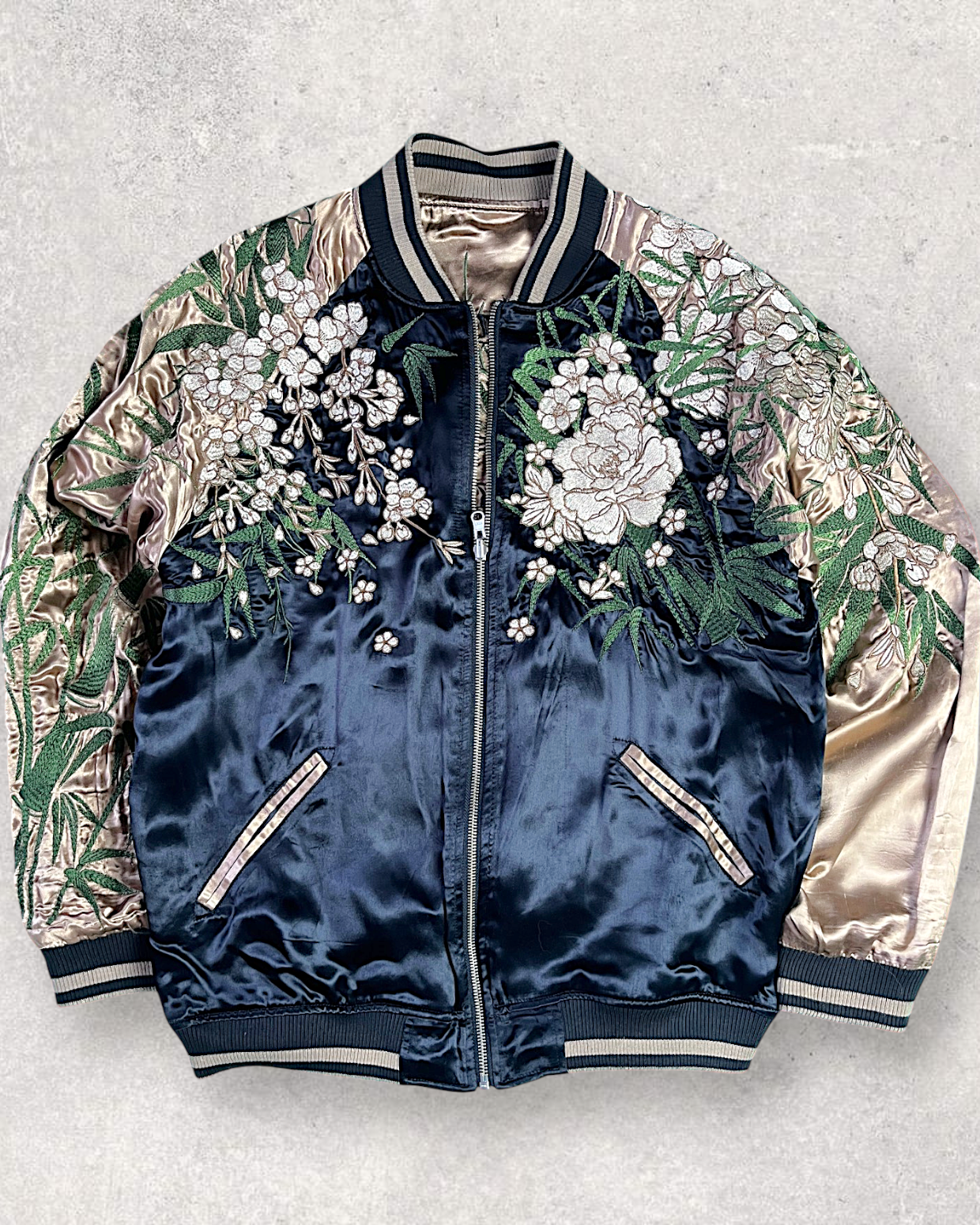 【XL】KARAKURI TAMASHII Reversible Tiger Sukajan Jacket – Embroidered Japanese Satin Bomber with Sakura & Bamboo