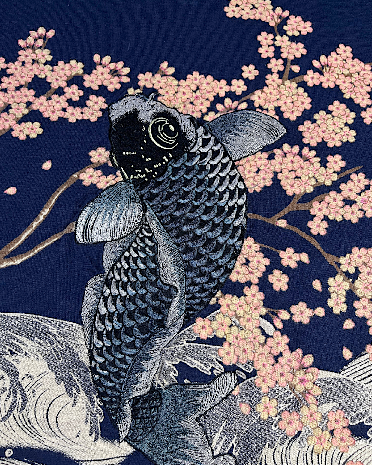 【XL】Japanese Koi & Sakura T-Shirt – Traditional Washi-Inspired Graphic Tee with Cherry Blossoms and Waves