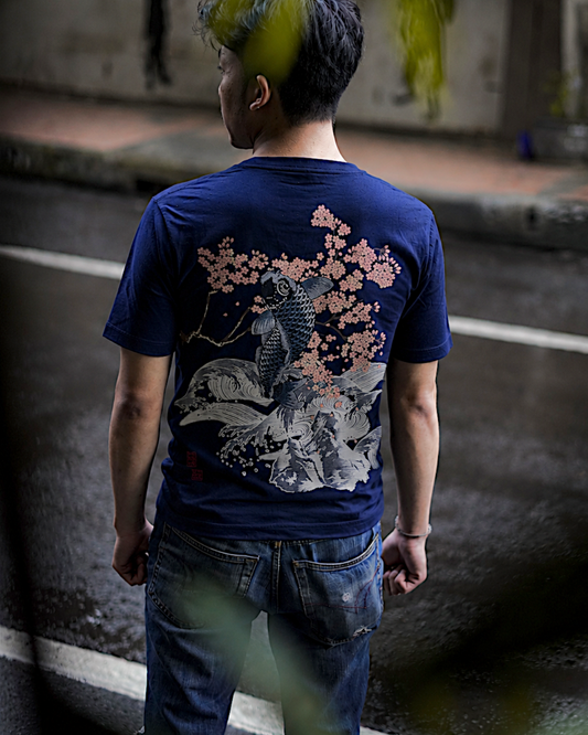 【XL】Japanese Koi & Sakura T-Shirt – Traditional Washi-Inspired Graphic Tee with Cherry Blossoms and Waves