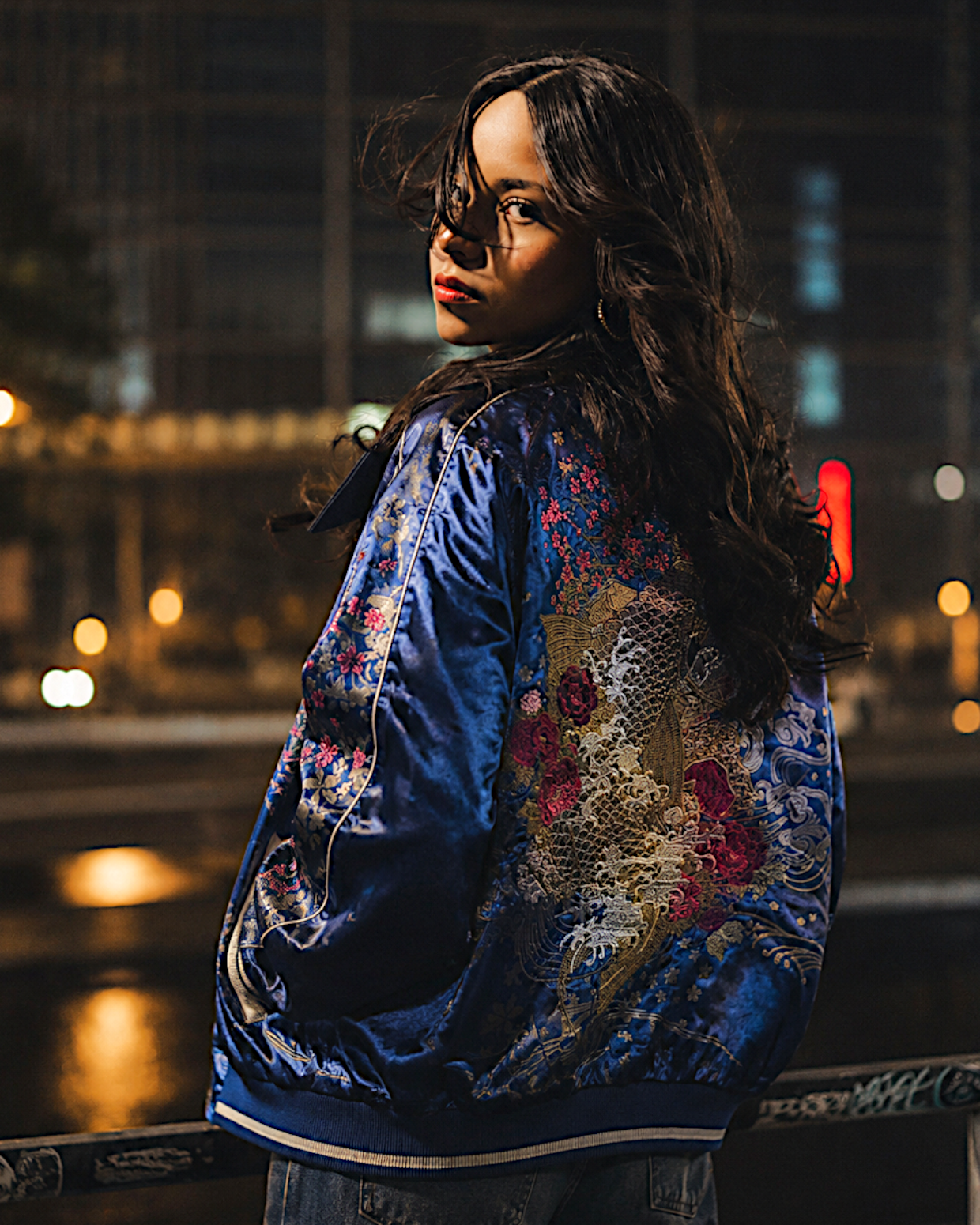 【XL】Miyabi Musubi Reversible Sukajan XL – Dragon, Tiger & Koi Embroidered Japanese Satin Jacket