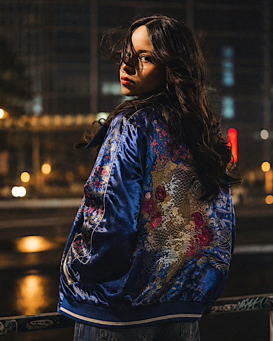 【XL】Miyabi Musubi Reversible Sukajan XL – Dragon, Tiger & Koi Embroidered Japanese Satin Jacket