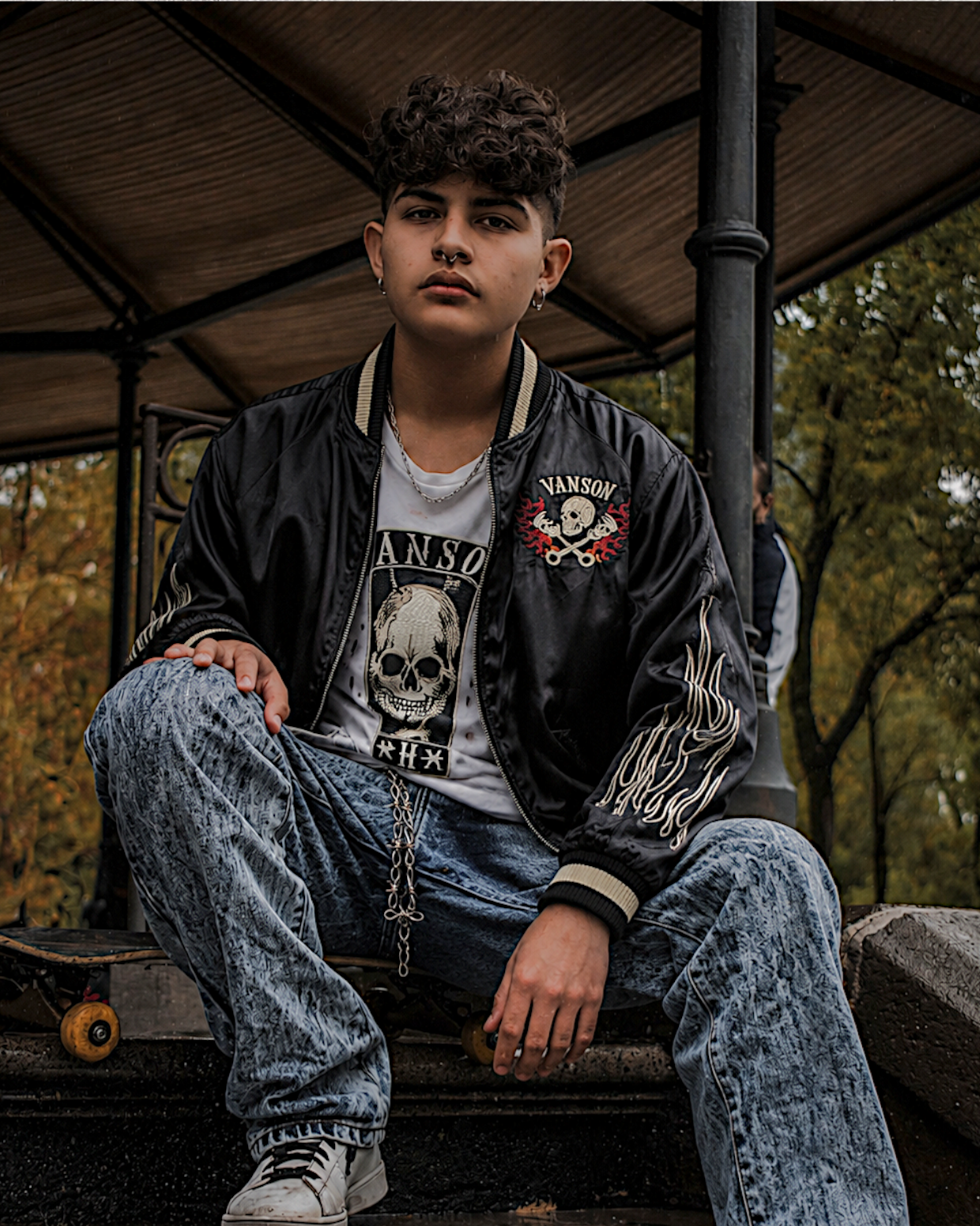 VANSON Skull and Flame Pattern Black Sukajan