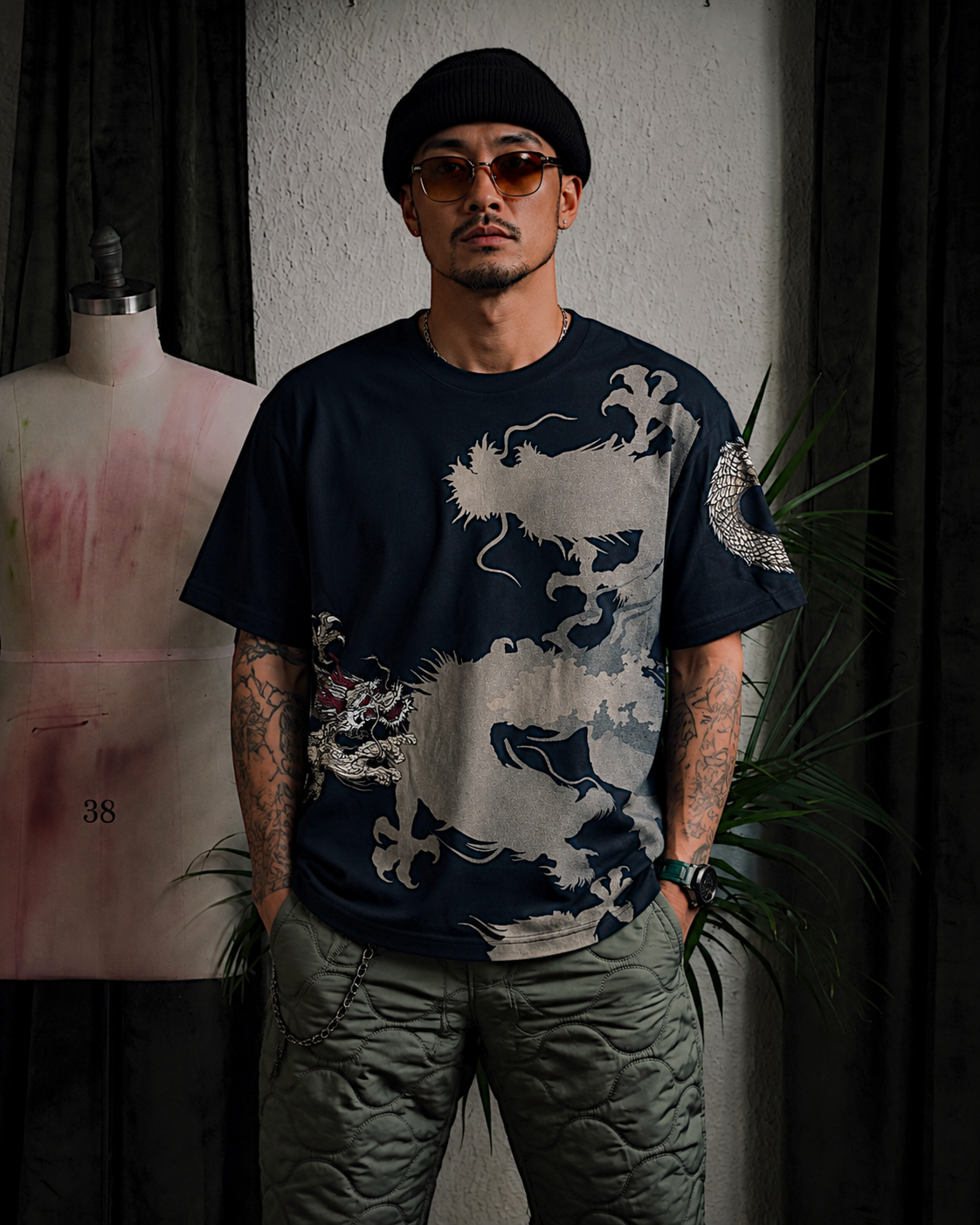 【XL&XXL】Karakuri Tamashii Rare Embroidered Dragon T-Shirt XL – Premium Japanese Wagara Tee with Sakura