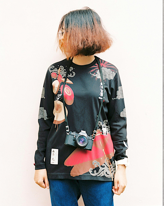 [M/L]BranNews Japanese Long Sleeve T-Shirt | Wagasa, Clouds & Rising Sun Design | Black