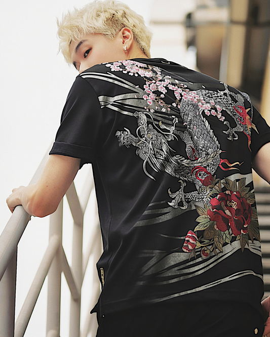 【XL】Luxury Japanese Dragon Embroidered T-Shirt | Black | Size XL | New