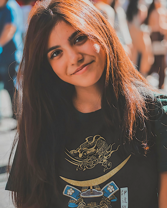 [L/3L]Japanese Samurai Helmet T-Shirt | Kabuto & Dragon Design | Black | Size L / 3L | New