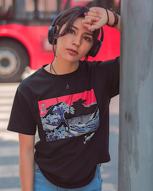 [L/3L]Japanese Wave Graphic T-Shirt | Great Wave Design | Black | Size L / 3L | New